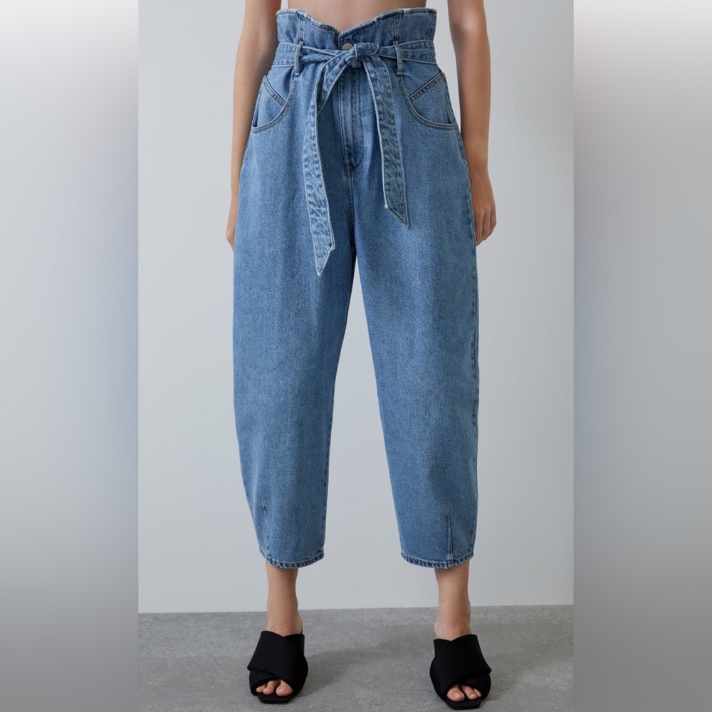 Zara Tie Waist High Rise Paper Bag Jeans